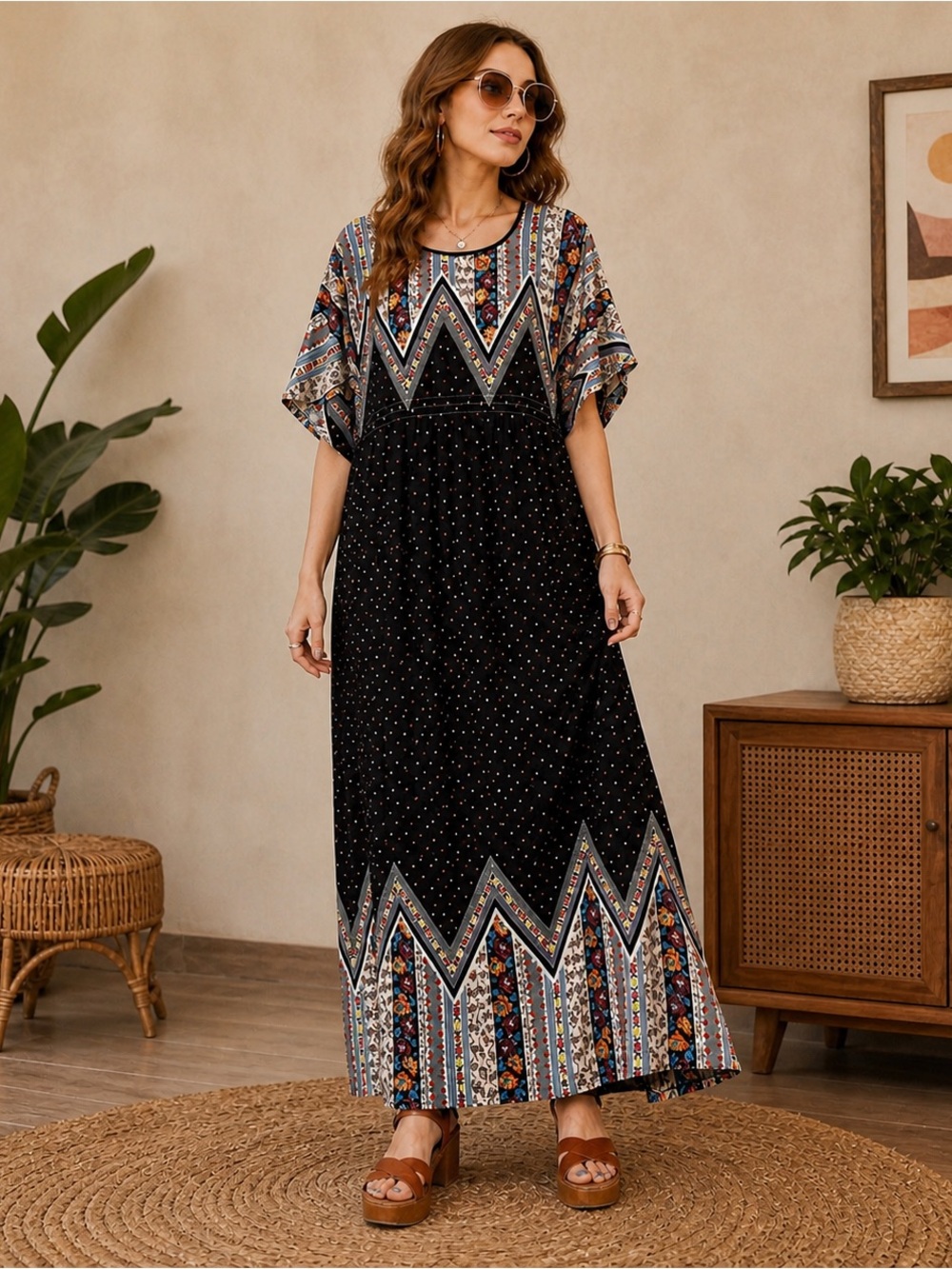 VINTAGE 1970's Maxi Dress MuuMuu Kaftan Sz Medium Boho Festival Made in Canada